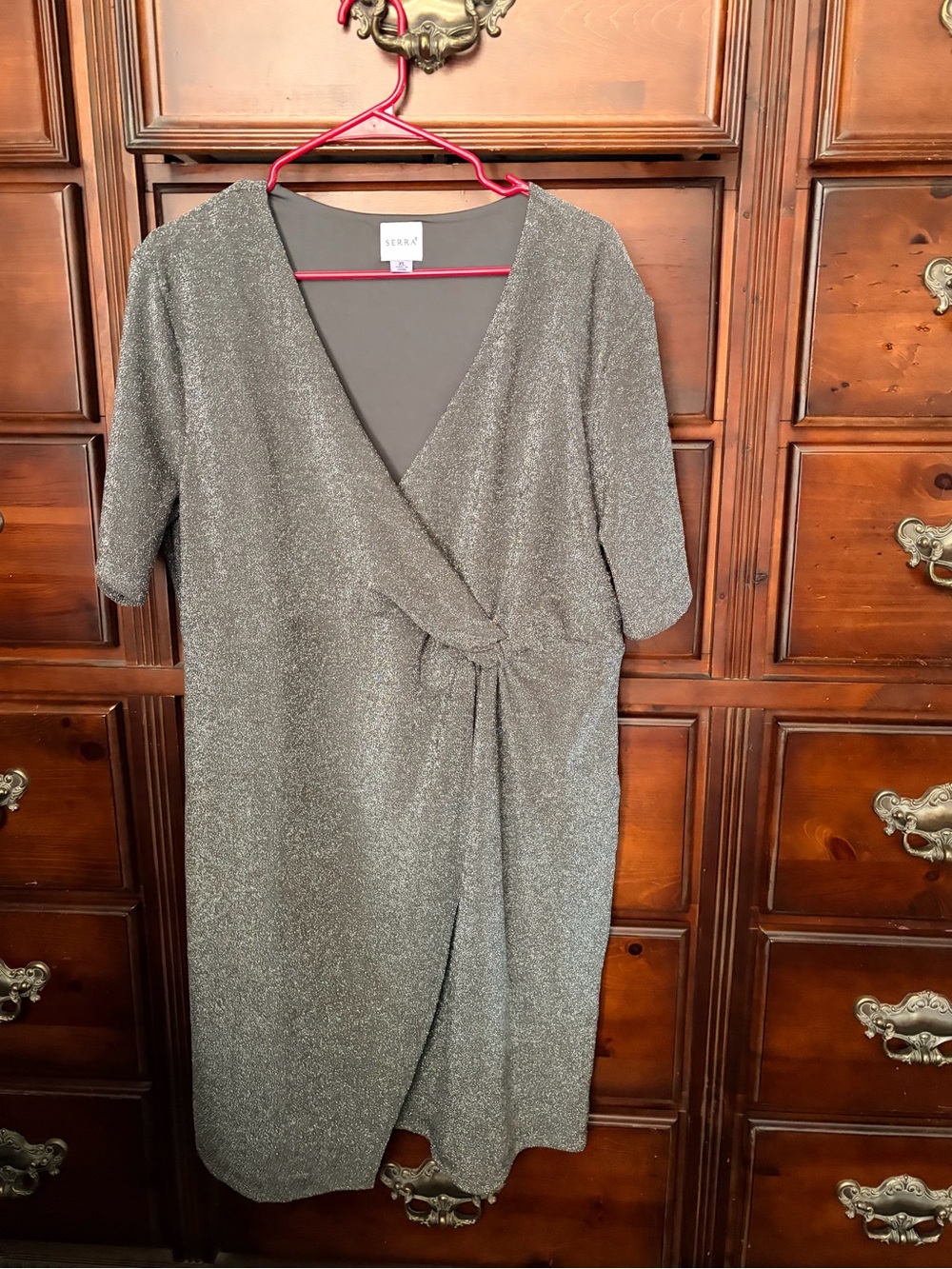 Serra Metallic Faux-Wrap Midi Dress in Silver